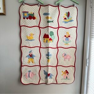Vintage 1937 Handmade Patchwork Quilt with Red Trim